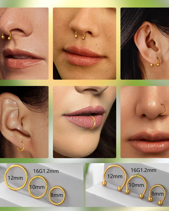 1/6/12PCS Nose Septum Rings 16G Surgical Steel Nose Piercing Jewelry 8mm 10mm 12mm Horseshoe Lip Earring Eyebrow Hoop Gold