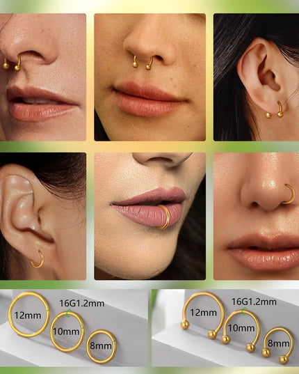 1/6/12PCS Nose Septum Rings 16G Surgical Steel Nose Piercing Jewelry 8mm 10mm 12mm Horseshoe Lip Earring Eyebrow Hoop Gold