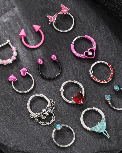 Heart Pearl Nose Rings Pointed Cone Love Lip Pierced Horseshoe Ring Skull Butterfly Nose Septum Piercing Earrings Tragus Jewelry