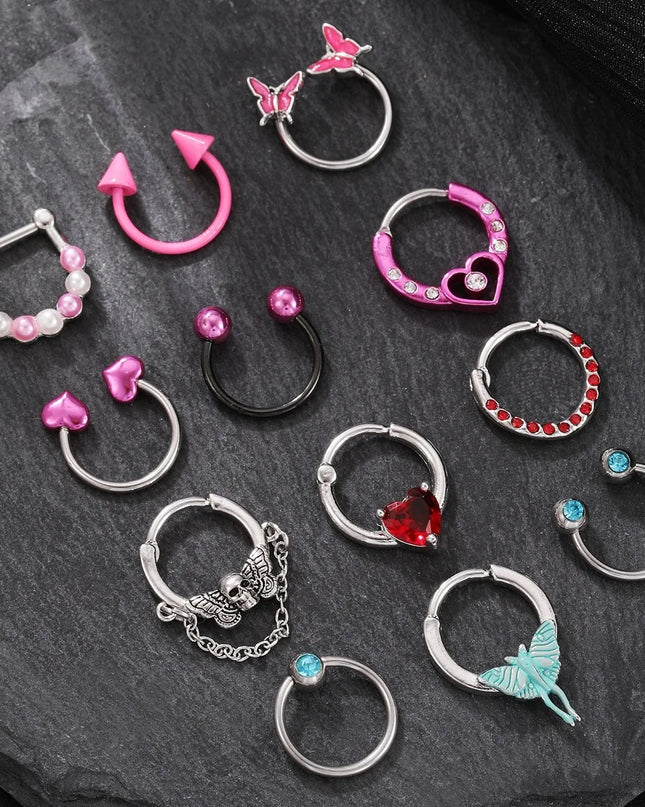 Heart Pearl Nose Rings Pointed Cone Love Lip Pierced Horseshoe Ring Skull Butterfly Nose Septum Piercing Earrings Tragus Jewelry