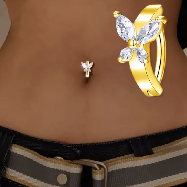 1PCS Heart Crystal Belly Button Rings For Women Fashion Reverse Belly Piercing Buckle Butterfly Navel Barbell Body Jewelry Gift