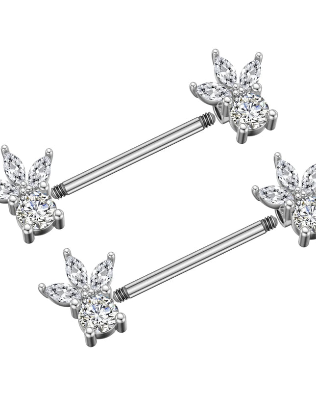 2pcs Lettering Sexy Nipple Piercing Jewelry Buttefly Cat Flower Dangled Stainless Steel Nipple Rings for Women Girls 1.6*16mm