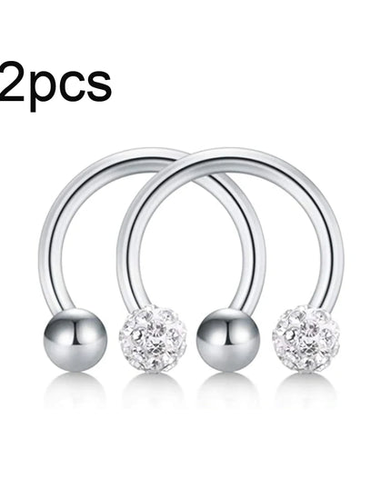 WKOUD 2pcs Crystal & Ball Nose Septum Horseshoe Earring Eyebrow Lip Helix Tragus Cartilage Piercing Ring 8mm