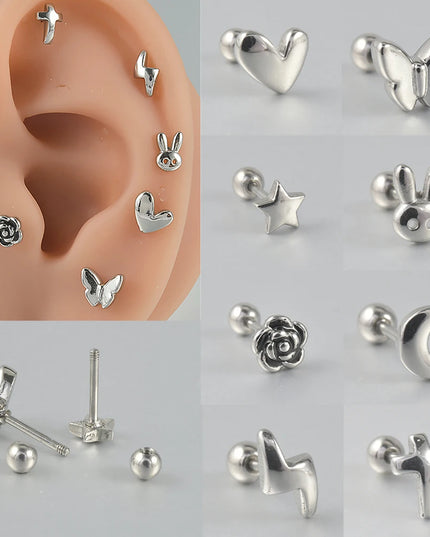 Surgical Steel Ear Barbell Helix Piercing Cartilage Ear Lobe Tragus Stud Earring Heart Rabbit Moon Rose Cross Earring Jewelry