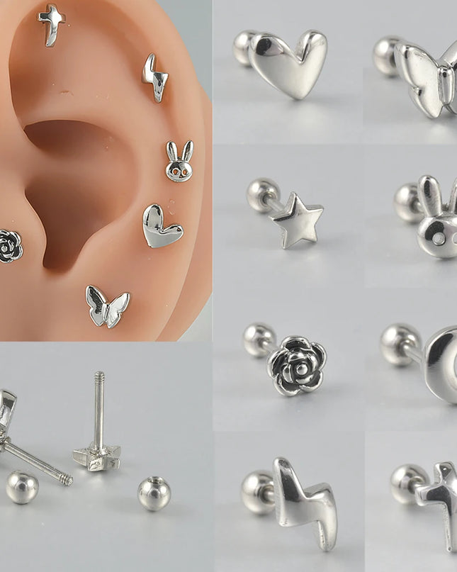 Surgical Steel Ear Barbell Helix Piercing Cartilage Ear Lobe Tragus Stud Earring Heart Rabbit Moon Rose Cross Earring Jewelry