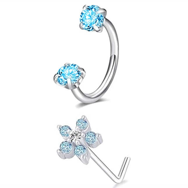 6/2pcs Horseshoe Nose Rings With L-Shape Nose Stud, Stainless Steel Rianbow CZ Nose Ring,, Lip Eyebrow Helix Ear Piercing