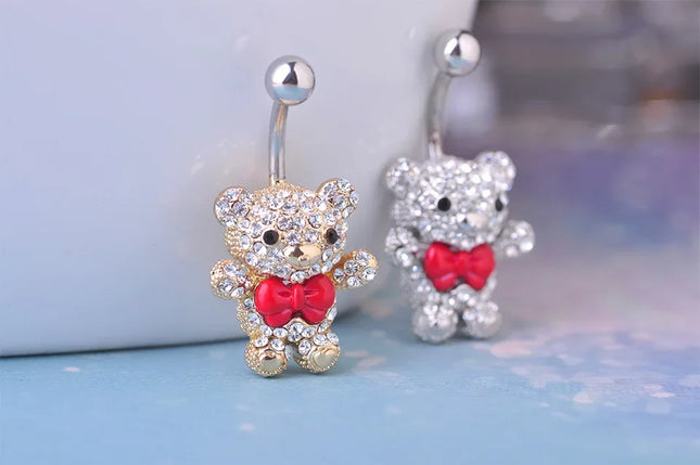Blucome Red Bow Tie Little Bear Belly Button Rings Body Piercing Jewelry Women 316L Surgical Steel Piercing 14G 1.6mm Bar