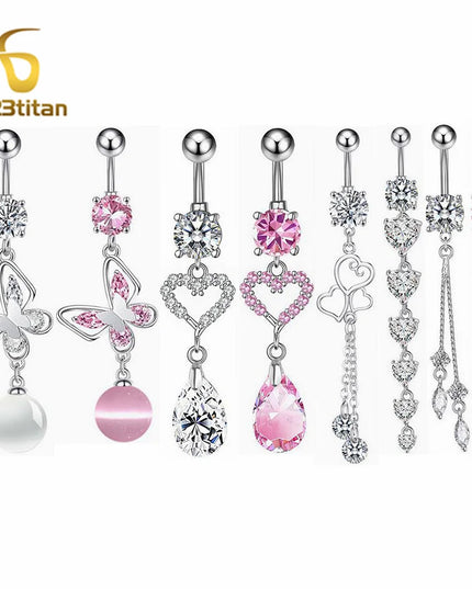Long Belly Button Rings for Women 14G Titanium Bar Butterfly Heart Charms Dangle Navel Piercing Jewelry Beach Sexy Accessories