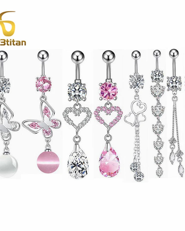 Long Belly Button Rings for Women 14G Titanium Bar Butterfly Heart Charms Dangle Navel Piercing Jewelry Beach Sexy Accessories