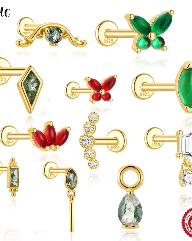 Aide 1PC 925 Sterling Silver 18K Gold Threaded Piercing Earring Women Ins Green Red Colors Zircon  Ear Bone Nail Gift Jewelry