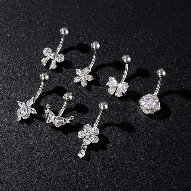 Women's Sexy Belly Button Ring Stainless Steel Navel Piercing with Butterfly Flower Design Body Jewelry