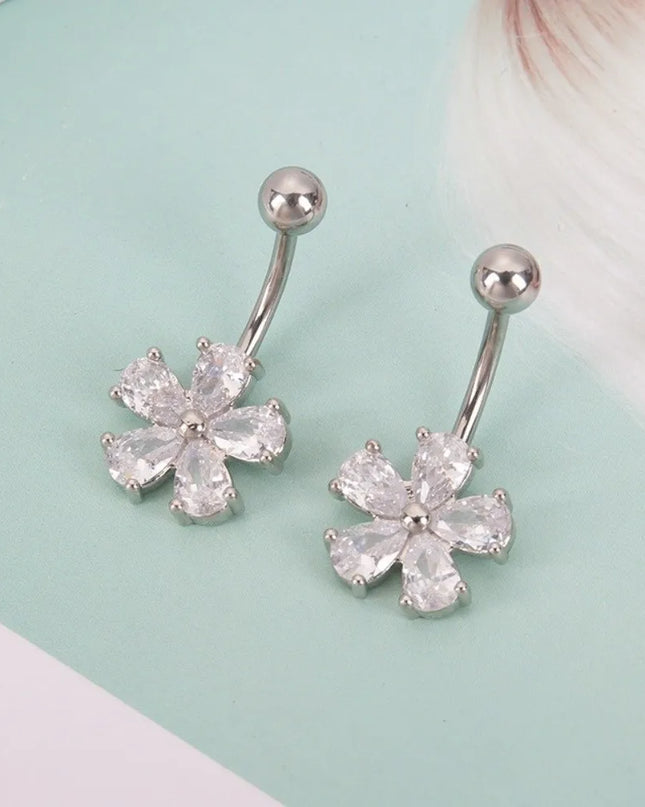 Beach Simple Belly Button Rings Crystal Flower Navel Ring Stainless Steel Zircon Body Piercing Jewelry Sexy