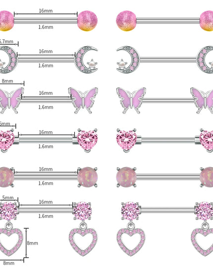 A Pair Cute Heart Dangled Nipple Piercings Barbell for Women Pink Color Moon Butterfly Shaped Sexy Nipple Rings Shield Bar Sets