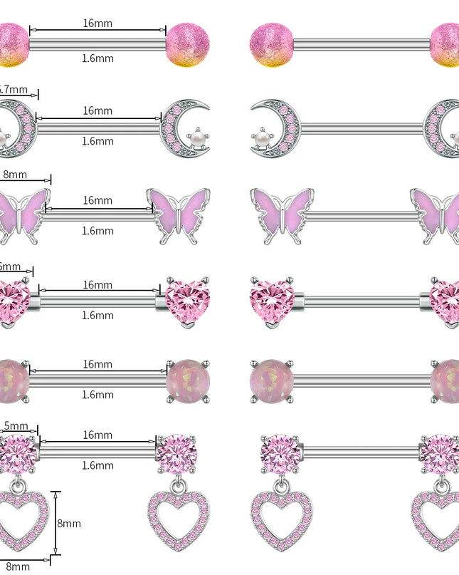 A Pair Cute Heart Dangled Nipple Piercings Barbell for Women Pink Color Moon Butterfly Shaped Sexy Nipple Rings Shield Bar Sets