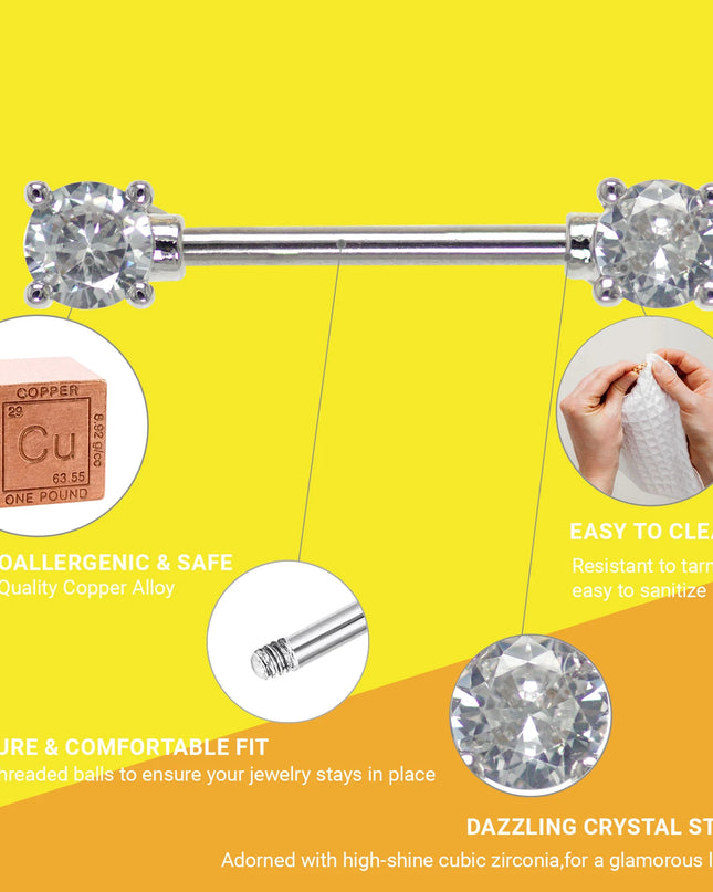 1Pair Surgical Steel Nipple Rings Nipple Piercing Bar Jewelry for Women Men with Sparkle CZ 14G Barbell Body Jewelry Accessories