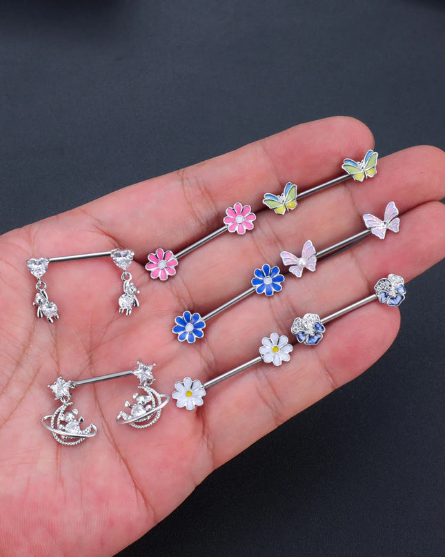 2pcs Heart Bear Dangled Nipple Piercings Screwed 14G Flower Butterfly Shield Bar Barbell Nipple Ring Piercing Nombril Jewelry