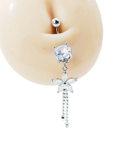 14G Belly Button Piercing Rings for Elegant Women Surgical Titanium Stainless Steel CZ Flower Long Chain Dangle Navel Jewelry