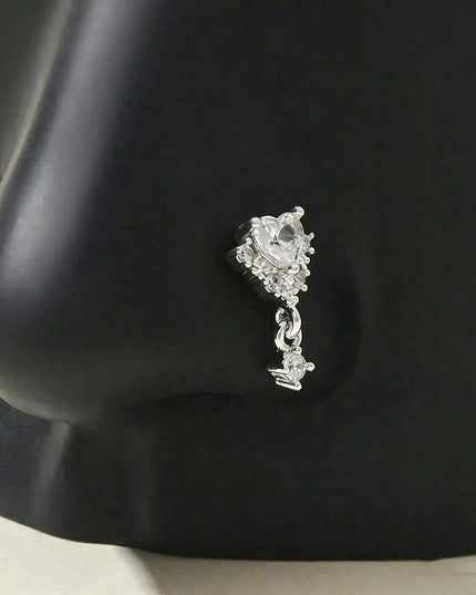1 L-shaped heart-shaped CZ nose nail, shiny cubic zirconia cute perforated nose ring, silver and gold, suitable for women