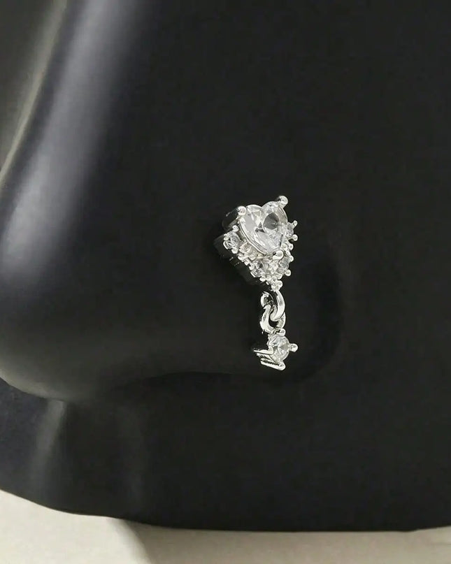1 L-shaped heart-shaped CZ nose nail, shiny cubic zirconia cute perforated nose ring, silver and gold, suitable for women