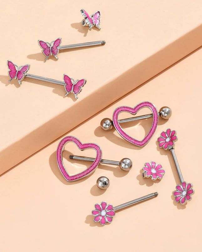2pcs Heart Bear Dangled Nipple Piercings Screwed 14G Flower Butterfly Shield Bar Barbell Nipple Ring Piercing Nombril Jewelry