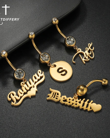Letdiffery Custom Name Belly Button Rings for Women Stainless Steel Personalized White Zircon Sexy Body Piercing Summer Jewelry