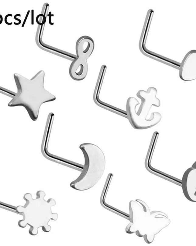 3/4/5/8/10/15/30pcs/lot Fake Nose Studs Ring Piercing Sets L-S-Shaped Curved Nose Rings Pack Steel Star Heart Moon Nose Jewelry