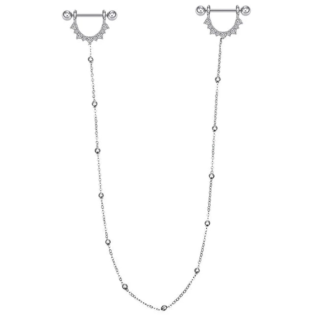 2pcs Surgical Steel Nipple Piercing with Chain Breast Shield Fake Pierced Clip Nipple Ring Cover for Women Sexy Body Jewelry 14G