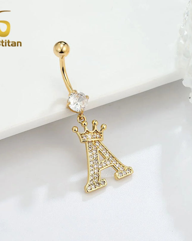 A-Z 26 Letter Initial Belly Button Rings 14G Titanium Curved Barbell Golden Zircon Navel Piercing Body Jewelry Women Accessories