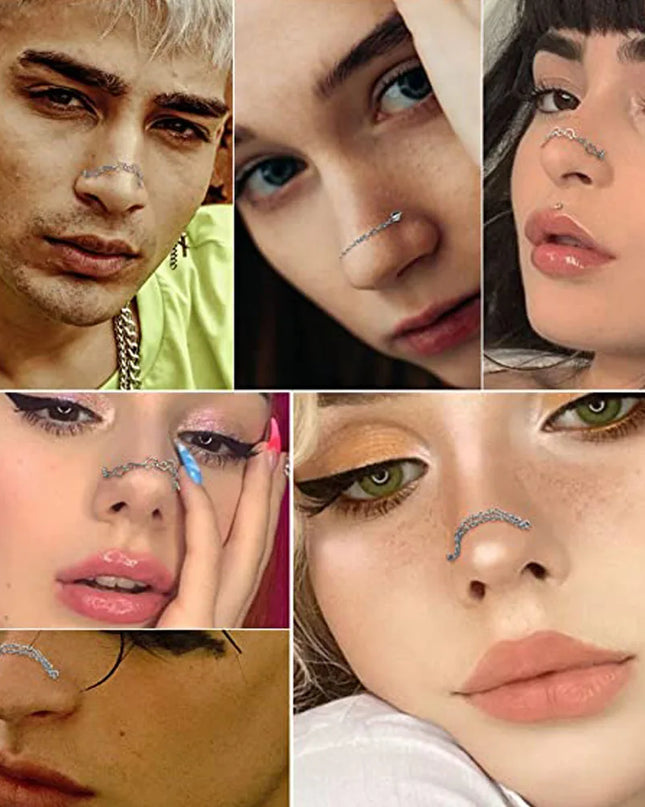 Nose Rings Chain Piercing Across Double with Chain Studs with Chain 20G Piercing Stud Nostril Jewelry for Women Men