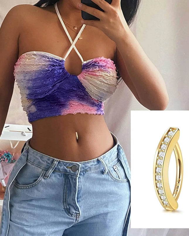18K Gold Plated Belly Button Rings for Women 925 Sterling Silver Belly Button Ring Curved CZ Clip-on Belly Ring Piercing Jewelry