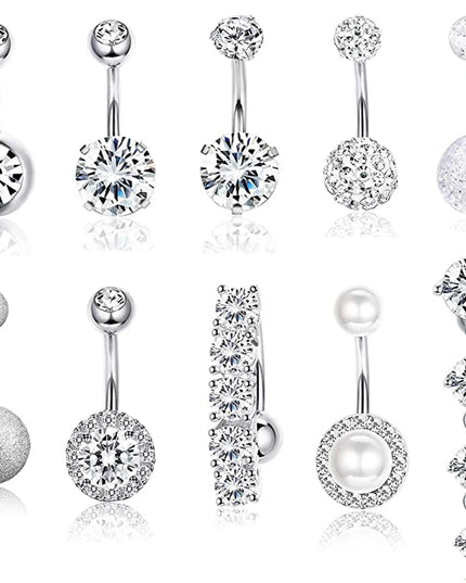 10 Style Belly Button Rings for Women Men Stainless Steel Navel Rings CZ Body Piercing Jewery 14G