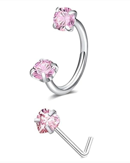 6/2pcs Horseshoe Nose Rings With L-Shape Nose Stud, Stainless Steel Rianbow CZ Nose Ring,, Lip Eyebrow Helix Ear Piercing