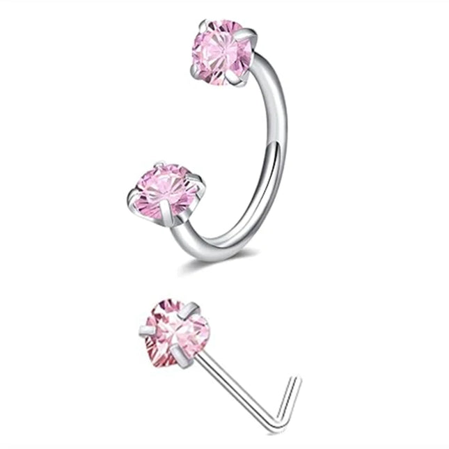 6/2pcs Horseshoe Nose Rings With L-Shape Nose Stud, Stainless Steel Rianbow CZ Nose Ring,, Lip Eyebrow Helix Ear Piercing