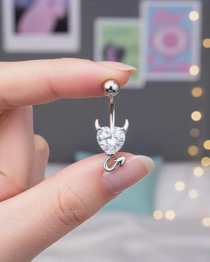 Steel Belly Button Ring Cute Devil Heart Cubic Zirconia Inlaid Hypoallergenic Navel Ring for Teen Girls Daily Use
