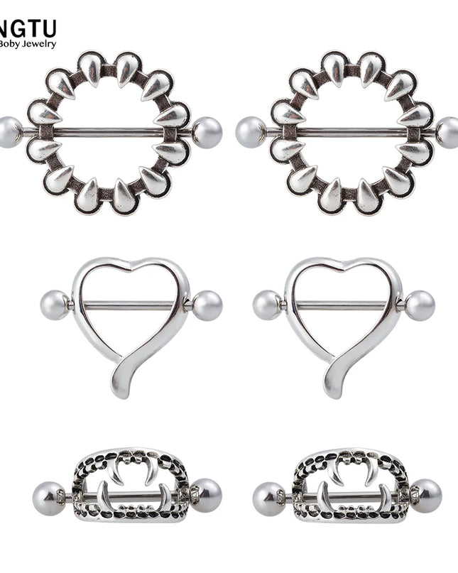 2PCS Surgical Steel Nipple Rings Piercing Jewelry Heart Women Sexy Hiphop Nail Clips Nipple Clamps Pierced Body Jewelry Gift