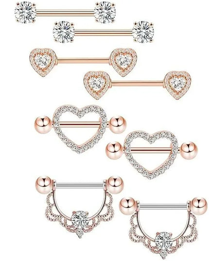 Pink Heart Nipple Piercing Barbell Set Shiny Crystal Nipple Rings Bulk For Women Flower Nippel Jewelry Pack Piercing Teton Lots