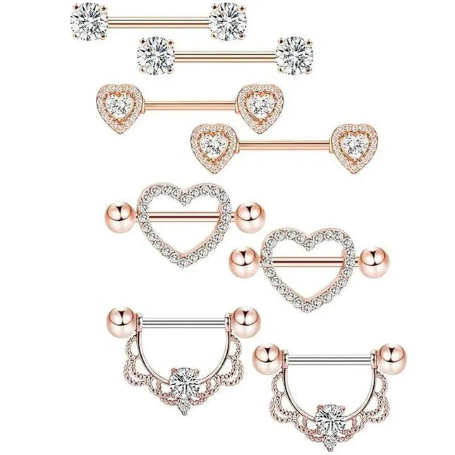 Pink Heart Nipple Piercing Barbell Set Shiny Crystal Nipple Rings Bulk For Women Flower Nippel Jewelry Pack Piercing Teton Lots