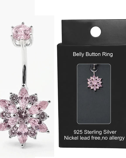 925 sterling silver belly piercing Button Bar Ring pink flower cubic zircon navel piercing jewelry