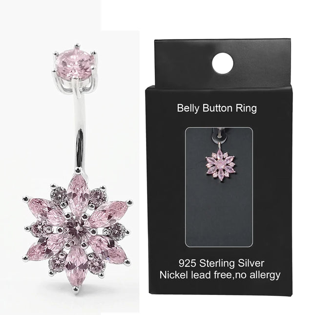 925 sterling silver belly piercing Button Bar Ring pink flower cubic zircon navel piercing jewelry