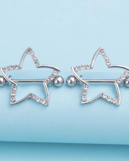 2pcs Nipple Ring Barbell Rhinestone Paved Star Shape Nipplerings Piercing Stainless Steel 14G Nipple Rings Shields Body Piercing