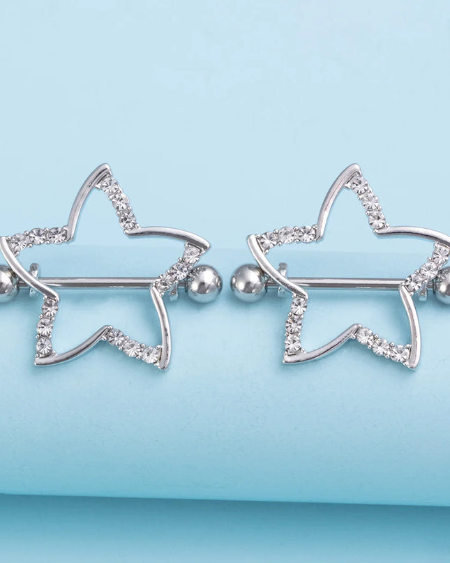 2pcs Nipple Ring Barbell Rhinestone Paved Star Shape Nipplerings Piercing Stainless Steel 14G Nipple Rings Shields Body Piercing