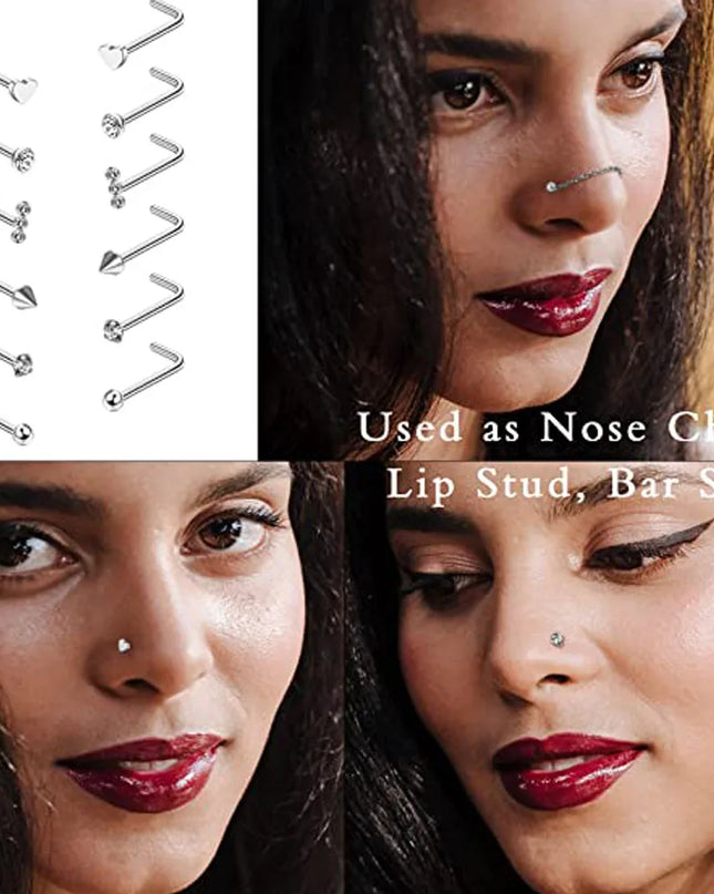 Nose Rings Chain Piercing Across Double with Chain Studs with Chain 20G Piercing Stud Nostril Jewelry for Women Men