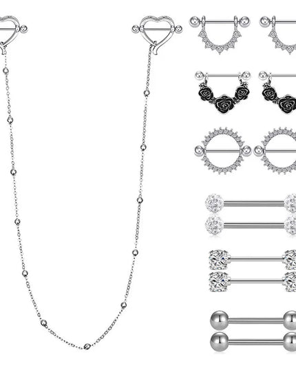 2pcs Surgical Steel Nipple Piercing with Chain Breast Shield Fake Pierced Clip Nipple Ring Cover for Women Sexy Body Jewelry 14G