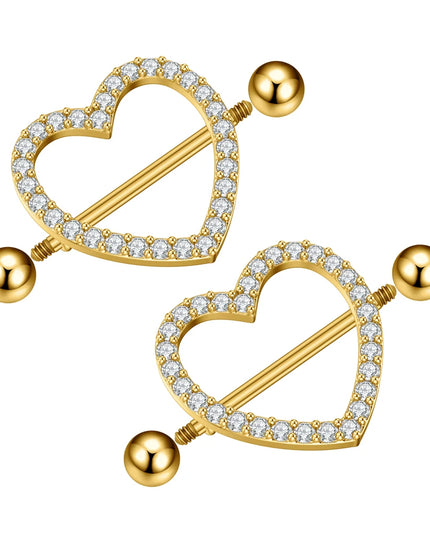 2PCS Both Sides Screwed Heart Nipple Piercings 5 Crystal CZs Nipple Ring Nipple Shield Barbell for Women Body Piercing Nombril
