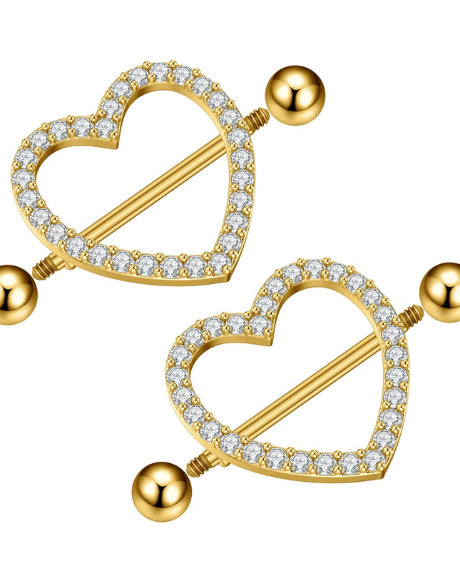2PCS Both Sides Screwed Heart Nipple Piercings 5 Crystal CZs Nipple Ring Nipple Shield Barbell for Women Body Piercing Nombril