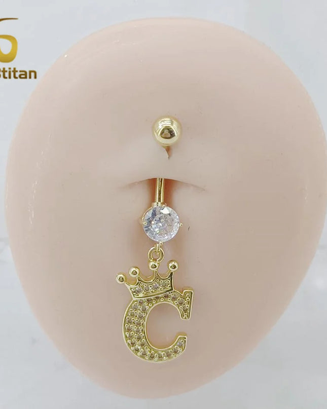 A-Z 26 Letter Initial Belly Button Rings 14G Titanium Curved Barbell Golden Zircon Navel Piercing Body Jewelry Women Accessories