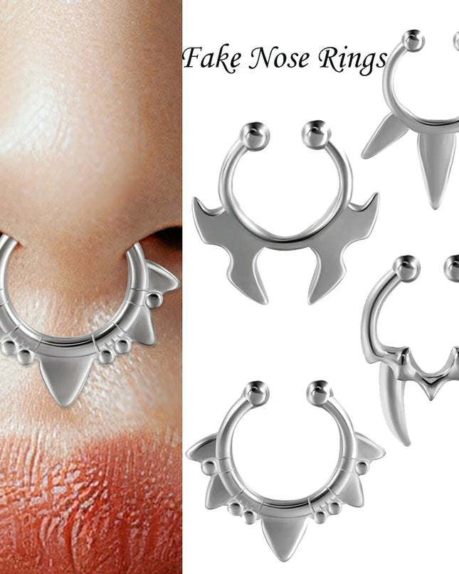 1PC Stainless Steel Irregular Ox Horn Fake Nose Ring Fangs Non Piercing Clip on Nose Hoop Cone Septum Fake Nose Piercing Jewelry