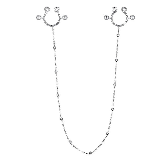 2pcs Surgical Steel Nipple Piercing with Chain Breast Shield Fake Pierced Clip Nipple Ring Cover for Women Sexy Body Jewelry 14G