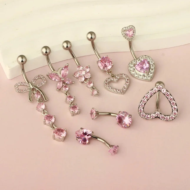 Belly Button Dangle Belly Rings Surgical Stainless Steel Cute Bow Butterfly Heart Flower Belly Button Piercing Jewelry For Women