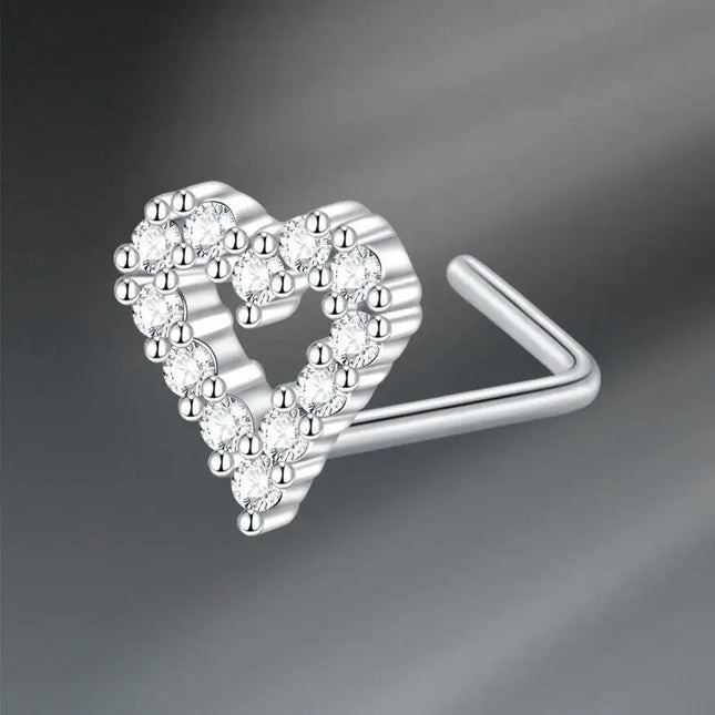 L Shaped Nose Studs Rings Cute Heart Moon Shiny Zircon Gold Silver Color Nose Piercing For Women Girl Nostril Jewelry
